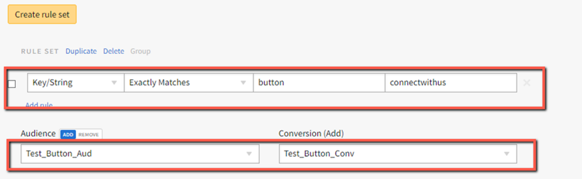 New rule set properties showing the key and string variables and the audience and conversion settings.
